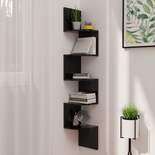 vidaXL Seinäkulmahylly korkeakiilto musta 19x19x123 cm lastulevy