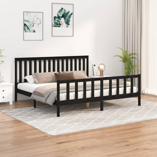 vidaXL Sängynrunko päädyllä musta 200x200 cm täysi mänty