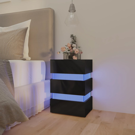 vidaXL Yöpöytä LED-valoilla korkeakiilto musta 45x35x67 cm lastulevy