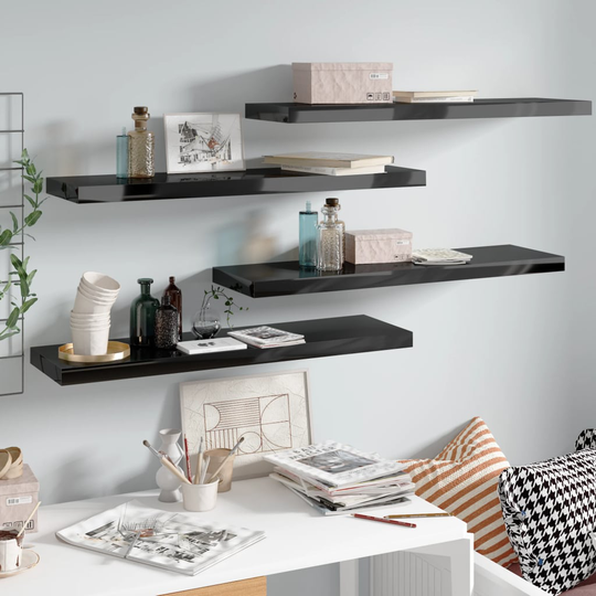 vidaXL Kelluvat seinähyllyt 4 kpl korkeakiilto musta 90x23,5x3,8cm MDF