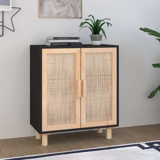 vidaXL Senkki musta 60x30x70 cm täysi mänty ja luonnonrottinki