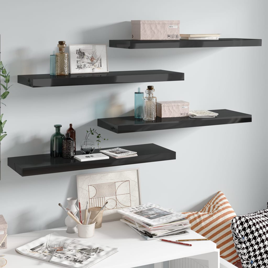 vidaXL Kelluvat seinähyllyt 4 kpl korkeakiilto musta 80x23,5x3,8cm MDF