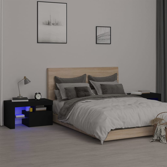 vidaXL Yöpöydät 2 kpl LED-valoilla musta 70x36,5x40 cm