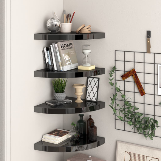vidaXL Kelluvat kulmahyllyt 4 kpl korkeakiilto musta 35x35x3,8 cm MDF