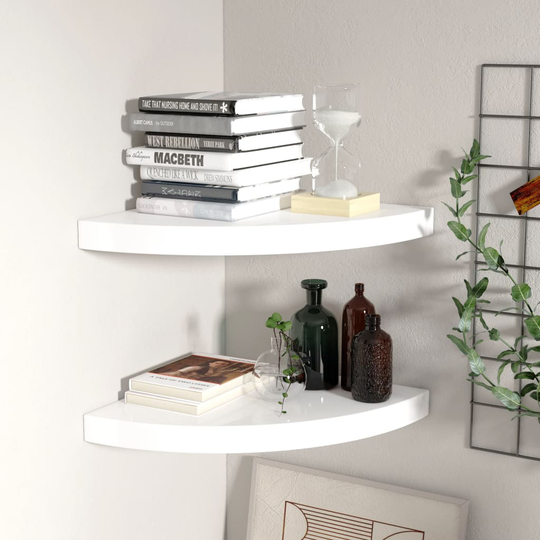 vidaXL Kelluvat kulmahyllyt 2 kpl korkeakiilto valk. 35x35x3,8 cm MDF