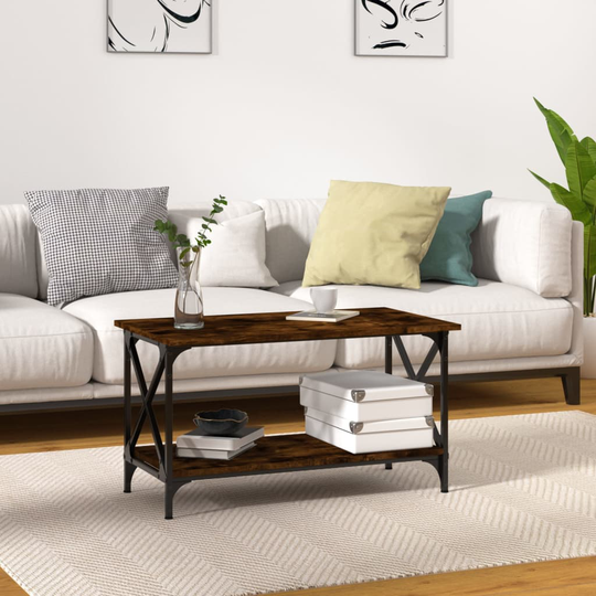 vidaXL Sohvapöytä savutammi 80x45x45 cm tekninen puu ja rauta