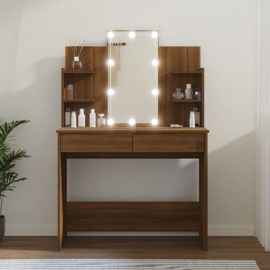 vidaXL Peilipöytä LED-valoilla ruskea tammi 96x40x142 cm