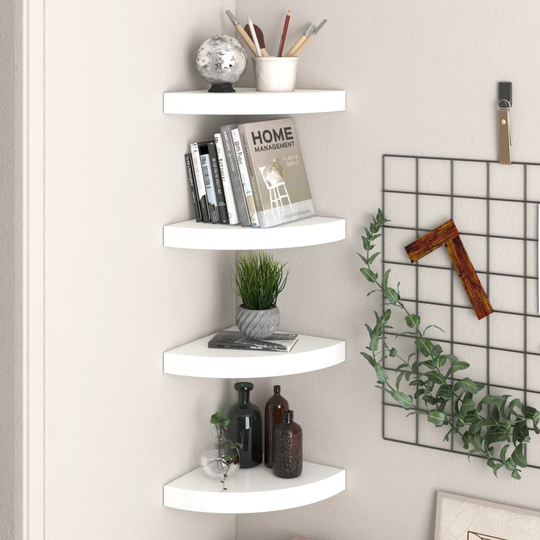 vidaXL Kelluvat kulmahyllyt 4 kpl korkeakiilto valk. 25x25x3,8 cm MDF