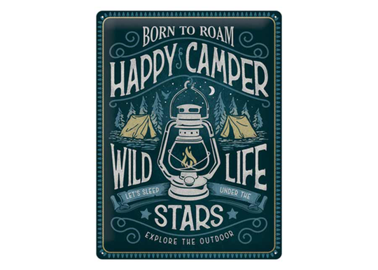 Retrotyylinen metallitaulu Happy Camper 30x40 cm