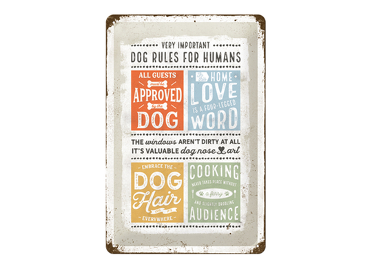 Retro metallitaulu Dog rules for humans 20x30 cm