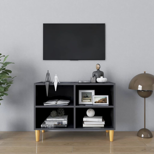 vidaXL TV-taso täyspuiset jalat korkeakiilto harmaa 69,5x30x50 cm
