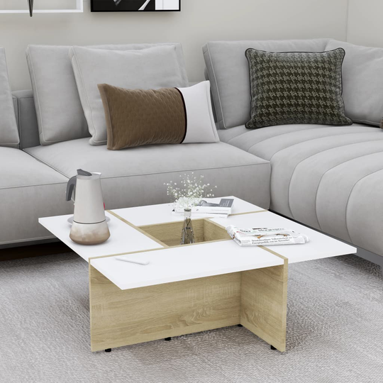vidaXL Sohvapöytä valkoinen ja Sonoma-tammi 79,5x79,5x30 cm lastulevy