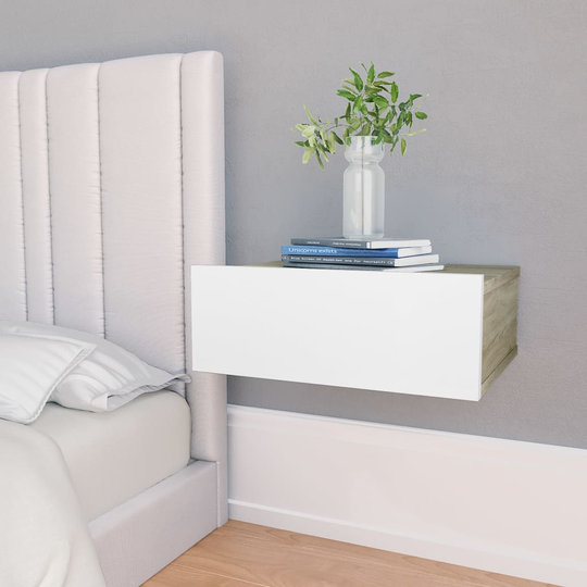 vidaXL Kelluva yöpöytä valkoinen ja Sonoma tammi 40x30x15 cm lastulevy