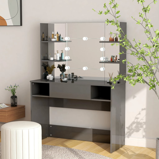 vidaXL Meikkipöytä LED-valoilla 100x40x135 cm MDF kiiltävä harmaa