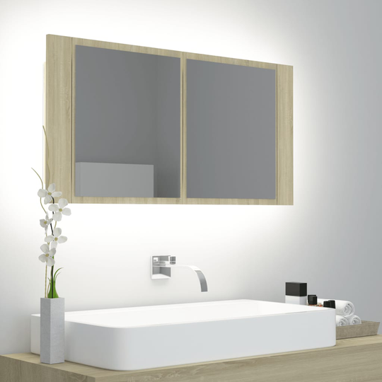 vidaXL Kylpyhuoneen LED peilikaappi Sonoma-tammi 90x12x45 cm akryyli