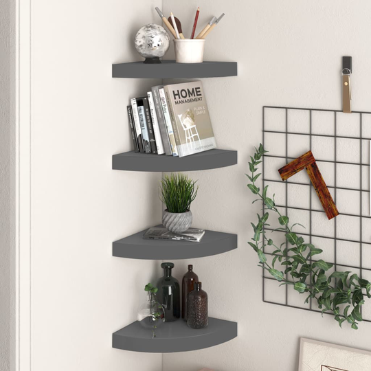 vidaXL Kelluvat kulmahyllyt 4 kpl korkeakiilto harmaa 25x25x3,8 cm MDF