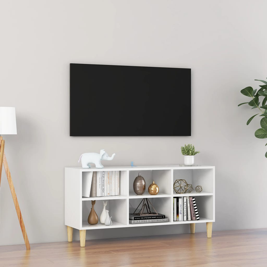 vidaXL TV-taso täyspuiset jalat korkeakiilto valkoinen 103,5x30x50 cm