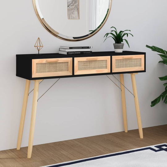 vidaXL Konsolipöytä musta 105x30x75 cm täysi mänty ja rottinki
