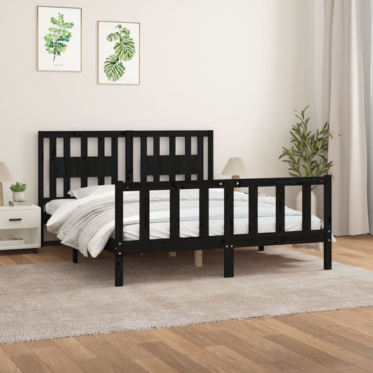 vidaXL Sängynrunko päätylevyllä musta 150x200 cm mänty 5FT King Size