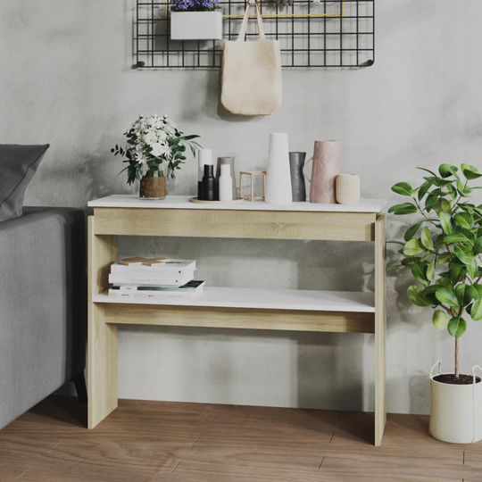 vidaXL Konsolipöytä valkoinen ja Sonoma-tammi 102x30x80 cm lastulevy