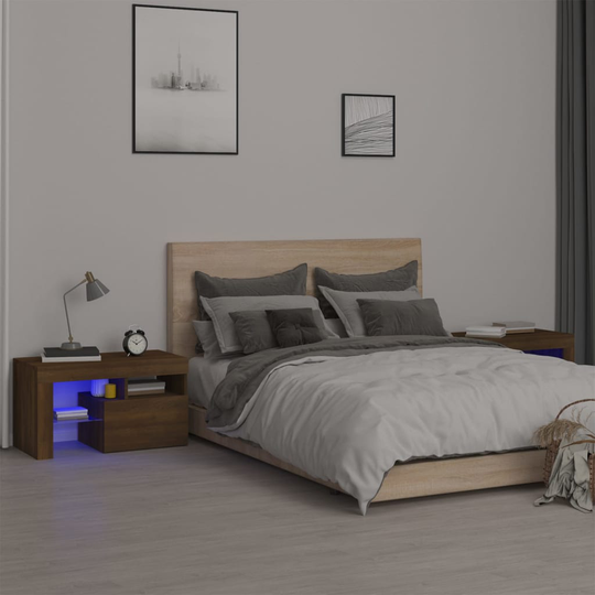 vidaXL Yöpöydät 2 kpl LED-valoilla ruskea tammi 70x36,5x40 cm