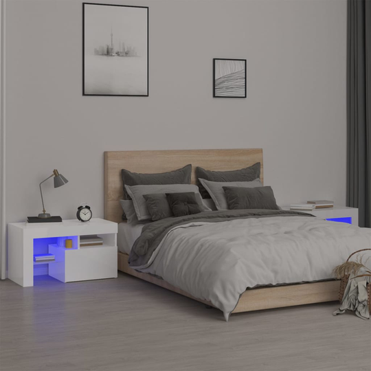vidaXL Yöpöydät 2 kpl LED-valoilla korkeakiilto valk. 70x36,5x40 cm
