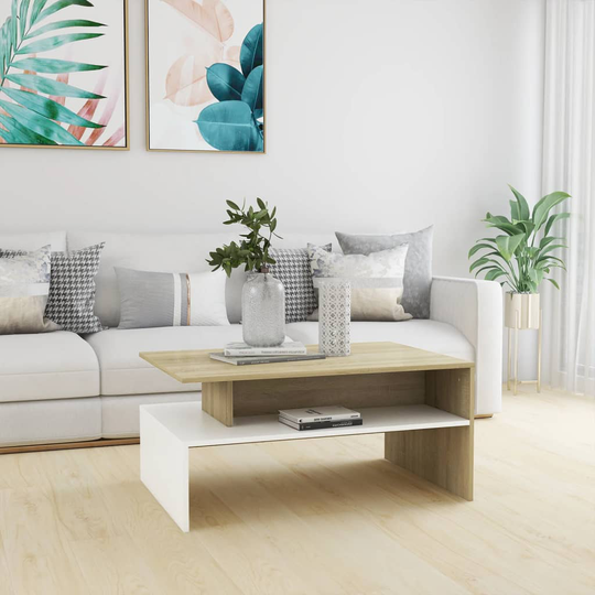 vidaXL Sohvapöytä valkoinen ja Sonoma-tammi 90x60x42,5 cm lastulevy