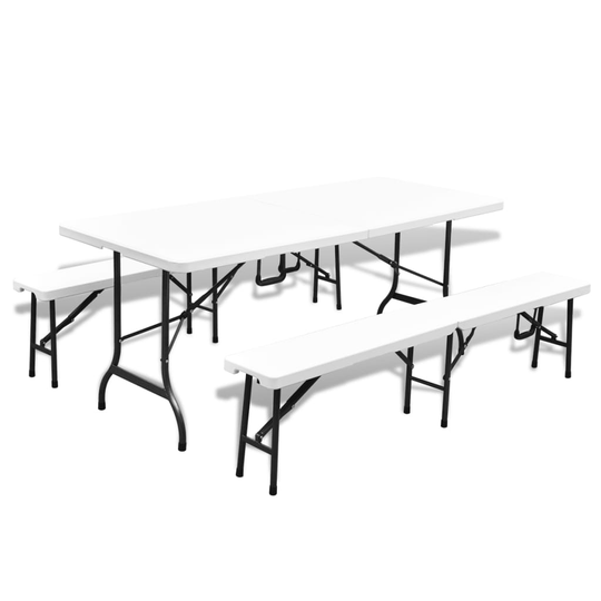 vidaXL Kokoontaittuva Ulkopöytä 2 penkkiä 180cm teräs & HDPE valkoinen
