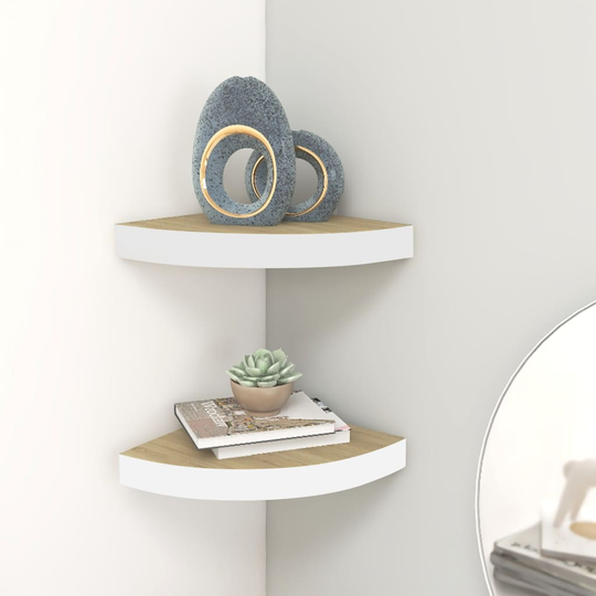 vidaXL Seinäkulmahyllyt 2 kpl tammi ja valkoinen 25x25x3,8 cm MDF