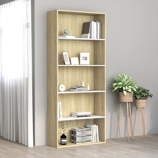 vidaXL 5-tasoinen kirjahylly valk./Sonoma-tammi 80x30x189 cm lastulevy