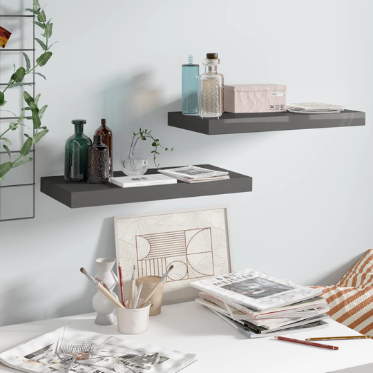 vidaXL Kelluvat seinähyllyt 2 kpl korkeakiilto harmaa 50x23x3,8 cm MDF
