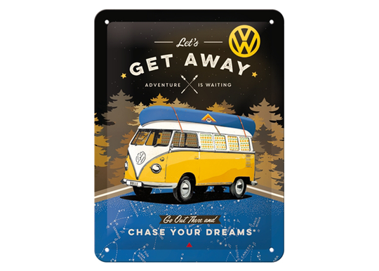Retro metallitaulu VW Bulli - Let's Get Away Night 15x20 cm