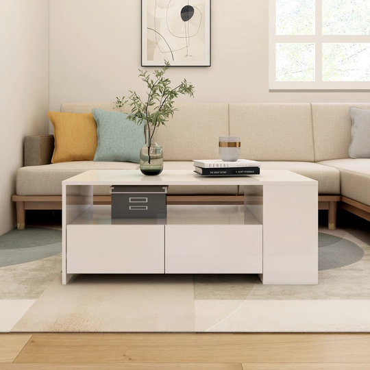 vidaXL Sohvapöytä korkeakiilto valkoinen 102x55x42 cm tekninen puu