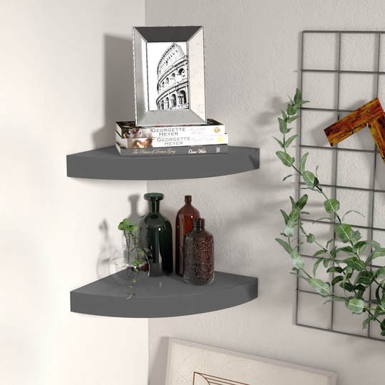 vidaXL Kelluvat kulmahyllyt 2 kpl korkeakiilto harmaa 25x25x3,8 cm MDF