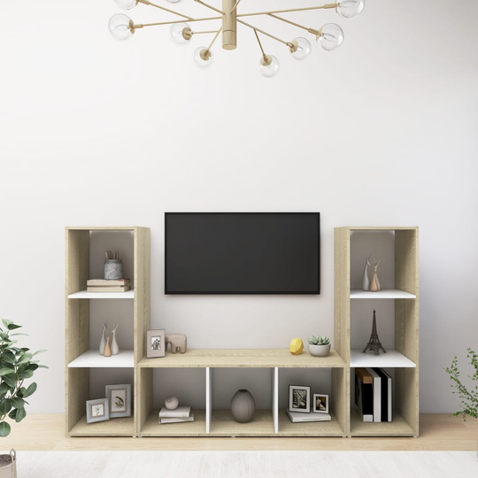 vidaXL TV-tasot 3 kpl valkoinen/Sonoma-tammi 107x35x37 cm lastulevy