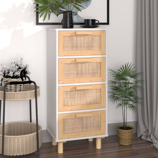 vidaXL Senkki valkoinen 40x30x90 cm täysi mänty ja luonnonrottinki
