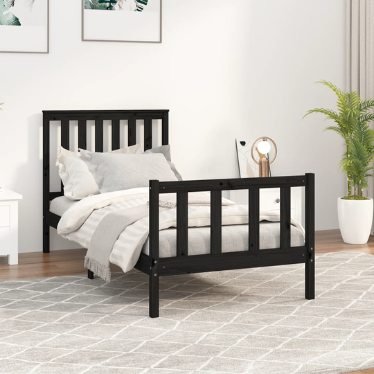 vidaXL Sängynrunko sängynpäädyllä musta 90x200 cm täysi mänty