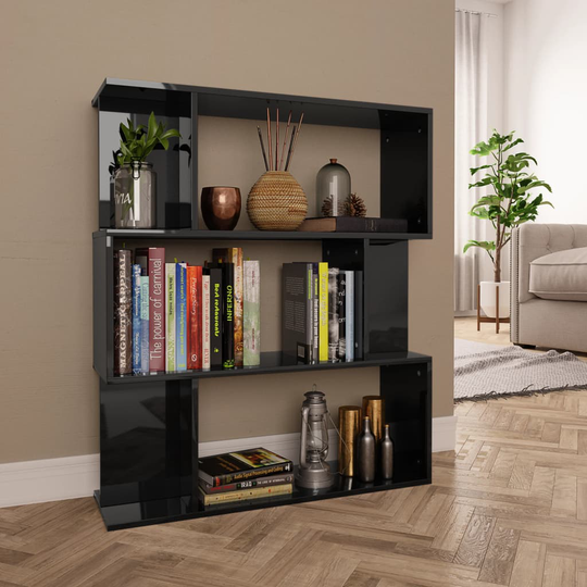 vidaXL Kirjahylly/tilanjakaja korkeakiilto musta 80x24x96cm lastulevy