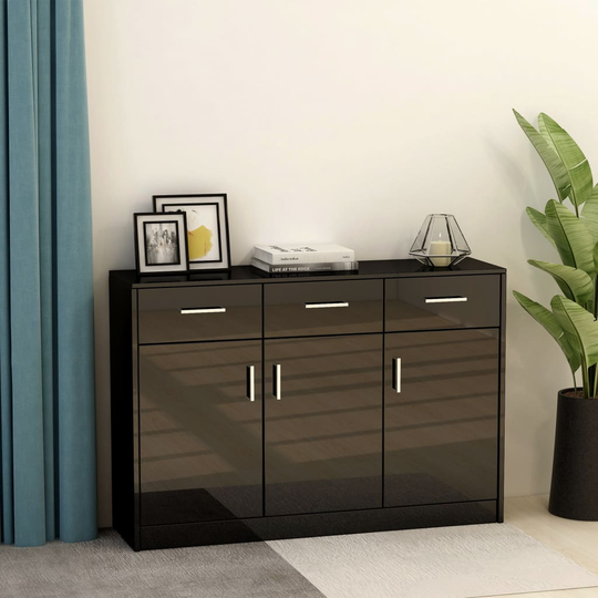 vidaXL Senkki korkeakiilto musta 110x30x75 cm lastulevy
