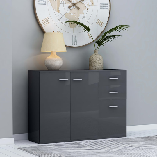 vidaXL Senkki korkeakiilto harmaa 105x30x75 cm lastulevy