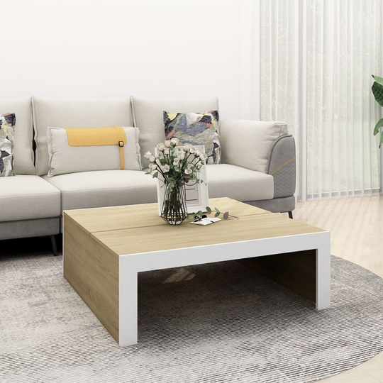 vidaXL Sohvapöytä valkoinen ja Sonoma-tammi 100x100x35 cm lastulevy