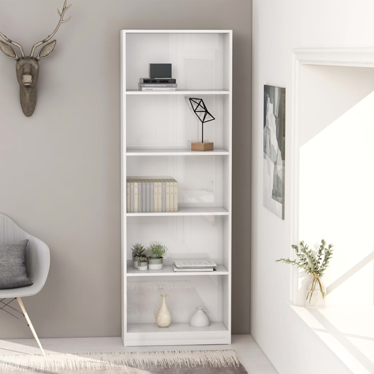 vidaXL 5-tasoinen kirjahylly korkeakiilto valk. 60x24x175 cm lastulevy