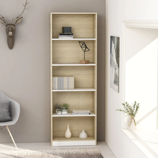 vidaXL 5-tasoinen kirjahylly valk./Sonoma-tammi 60x24x175 cm lastulevy