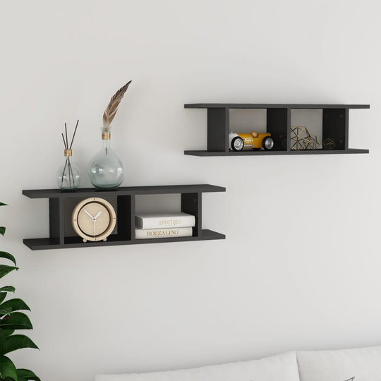 vidaXL Seinähyllyt 2 kpl korkeakiilto harmaa 75x18x20 cm tekninen puu