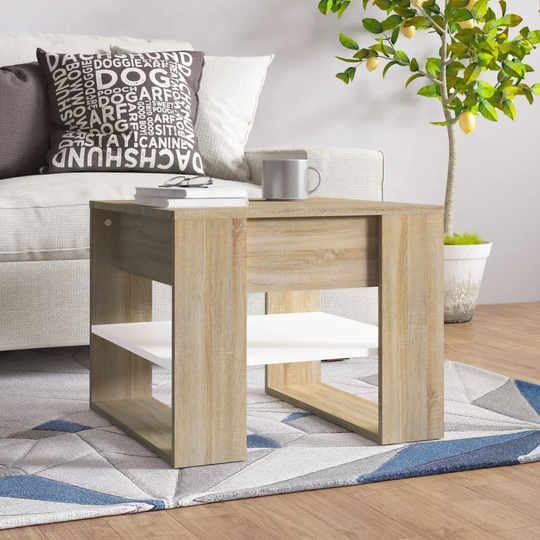 vidaXL Sohvapöytä valkoinen ja Sonoma-tammi 55,5x55x45 cm tekninen puu
