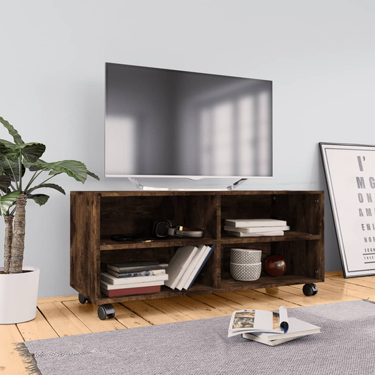 vidaXL TV-taso rullapyörillä savutammi 90x35x35 cm tekninen puu