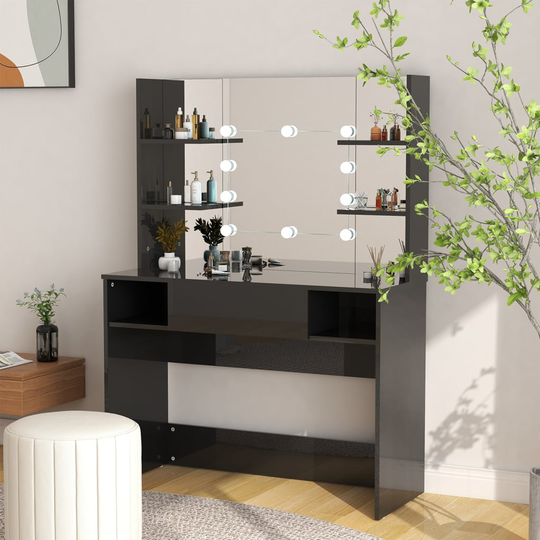 vidaXL Meikkipöytä LED-valoilla 100x40x135 cm MDF kiiltävä musta