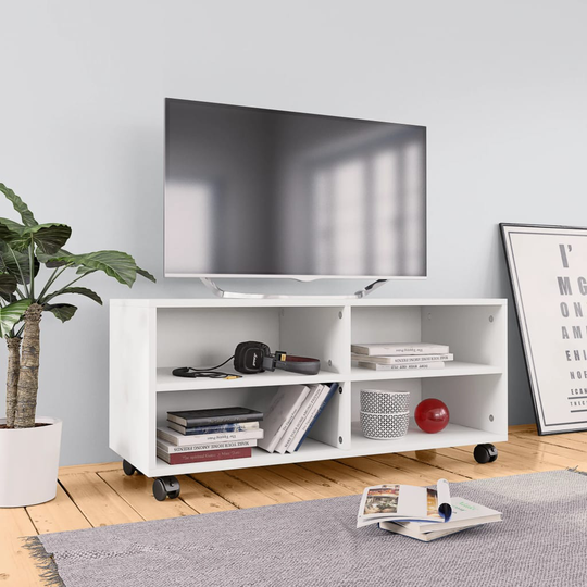 vidaXL TV-taso rullapyörillä valkoinen 90x35x35 cm lastulevy