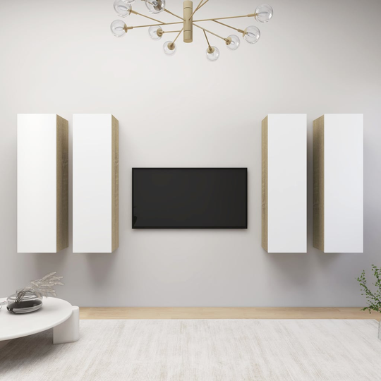 vidaXL TV-tasot 4 kpl valkoinen/Sonoma-tammi 30,5x30x110 cm lastulevy
