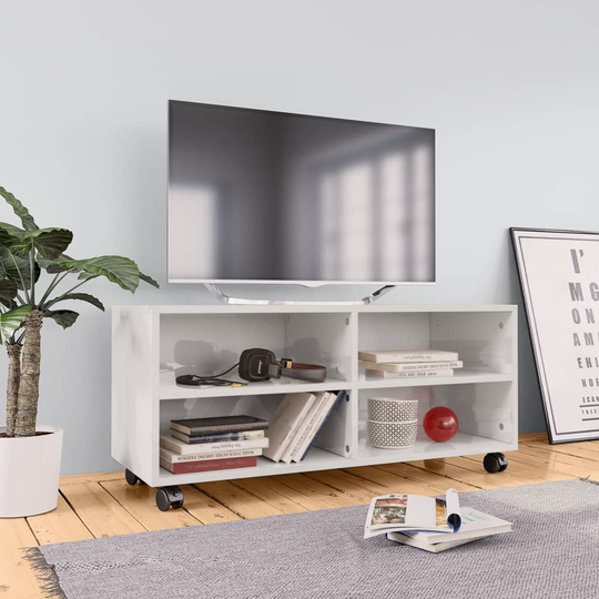 vidaXL TV-taso rullapyörillä korkeakiilto valk. 90x35x35 cm lastulevy